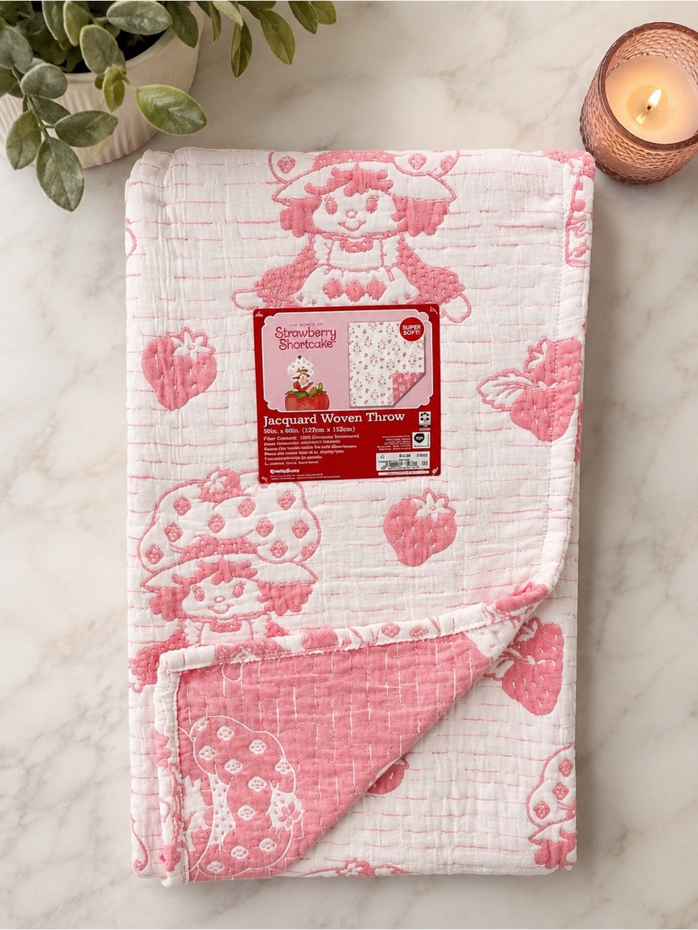 Strawberry Shortcake Pink & White Jacquard Woven Throw